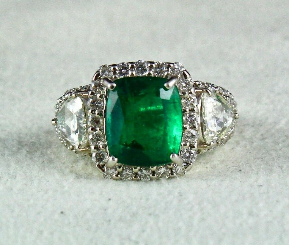 Certified Natural Zambia Emerald Cushion 4.87ct Natural Diamond 18k Gold Ring