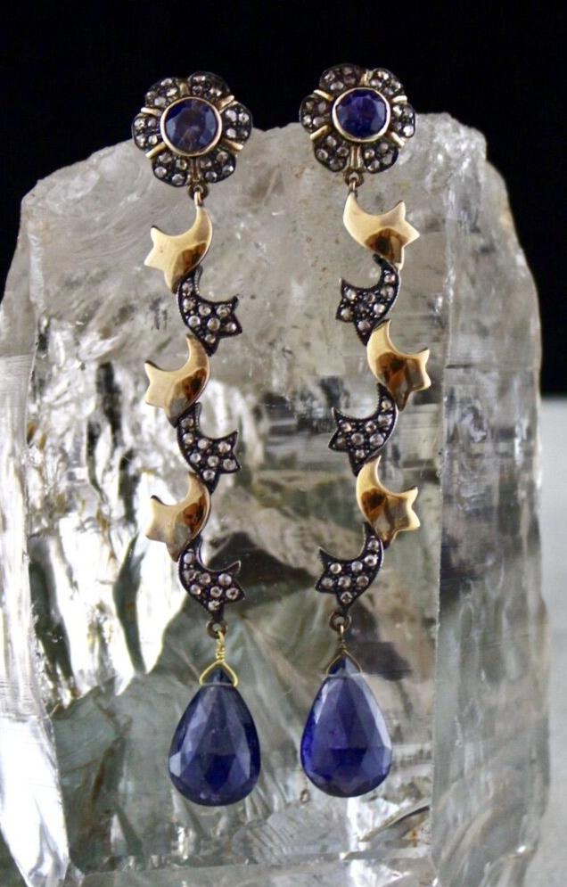 Natural Blue Iolite 10+ Ct Natural Diamond 18k Gold Sterling Silver Earrings