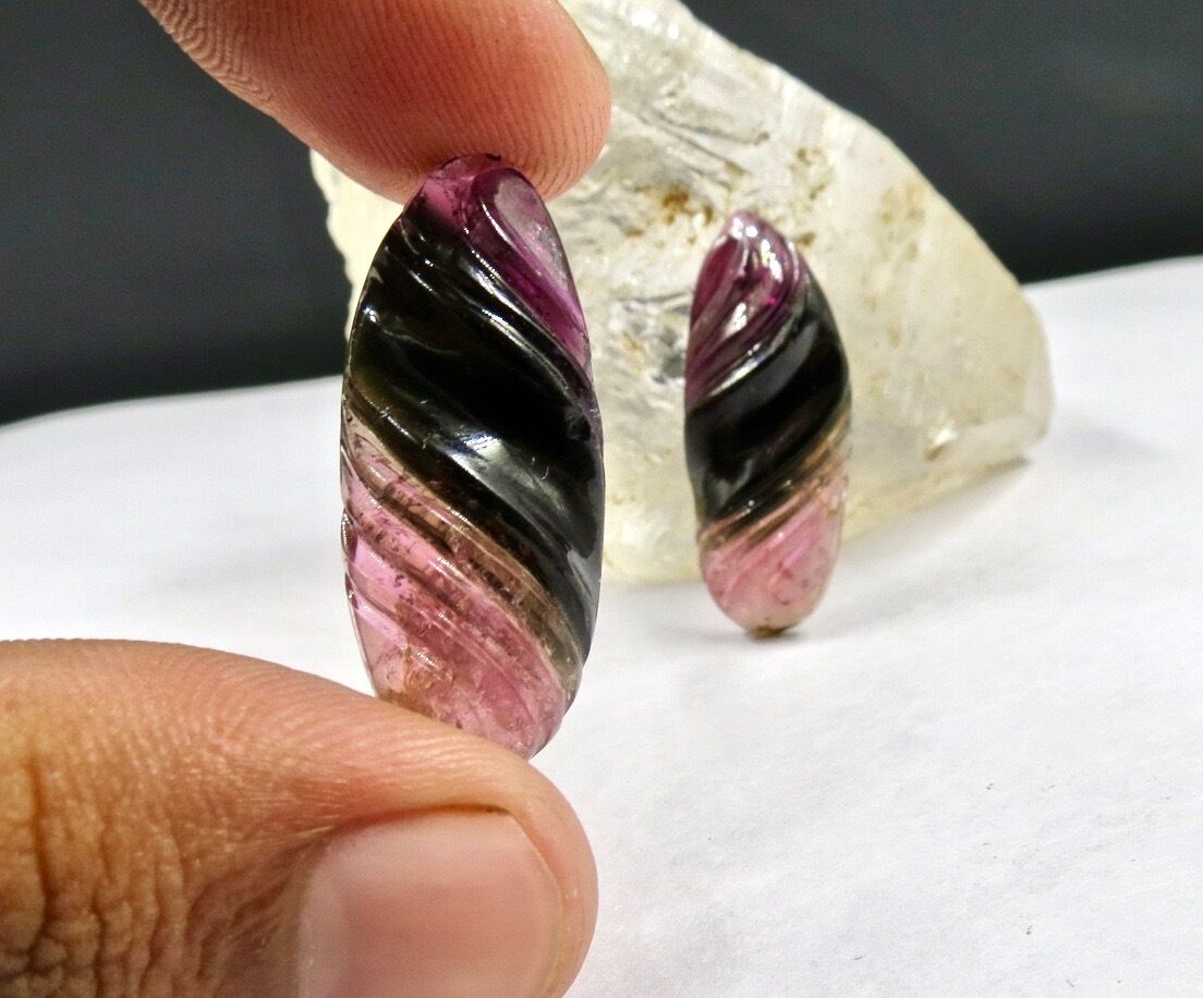 NATURAL MULTI WATERMELON TOURMALINE CARVED PAIR 40 CTS GEMSTONE 32X14MM EARRING