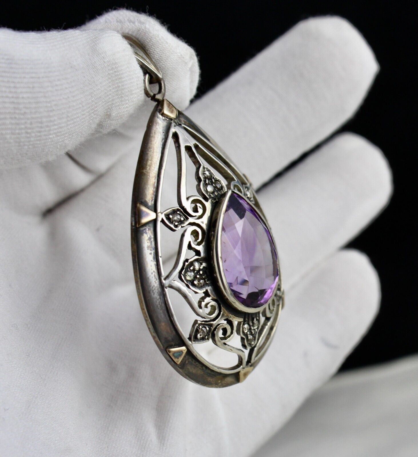 ANTIQUE NATURAL AMETHYST CUT DIAMOND VICTORIAN PENDANT IN 925 SILVER & GOLD