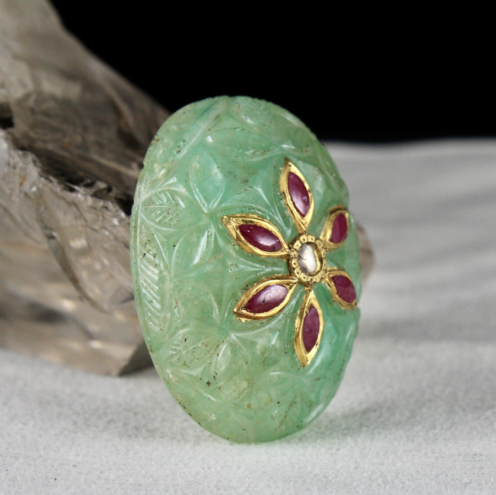 Certified Mughal Emerald Quartz 10ct Carved Ruby 22k Gold Pendant Design