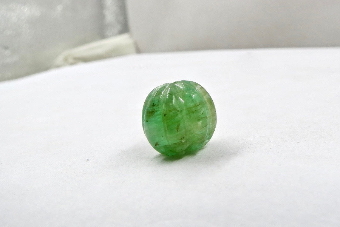 Certified Old Natural Emerald Melon Carved Bead 14.16 Ct Loose Gemstone Pendant