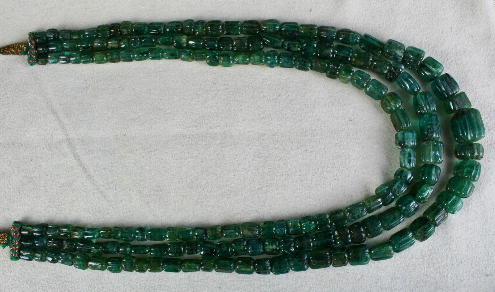 Antique Natural Emerald Beaded Necklace 3 Line 746 Carats Carved Drill Gemstone 