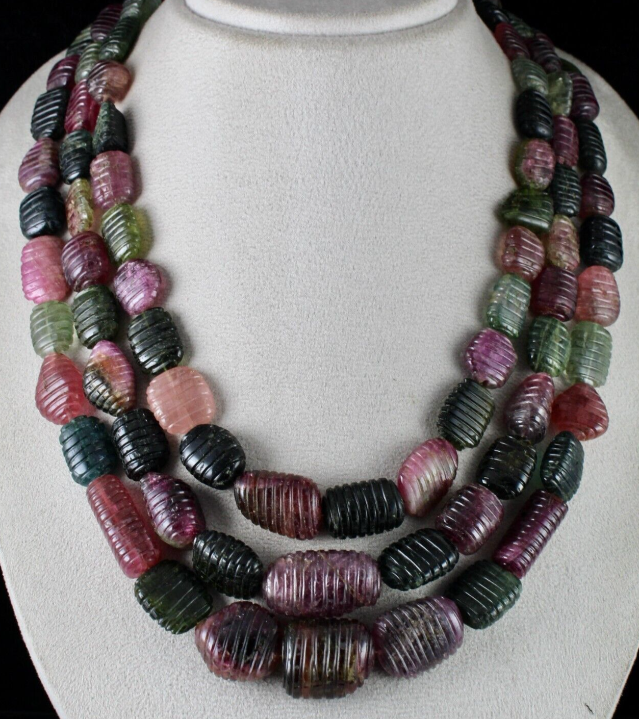 NATURAL MULTI TOURMALINE BEADS CARVED TUMBLE 3 LINE 1942 CTS GEMSTONE NECKLACE