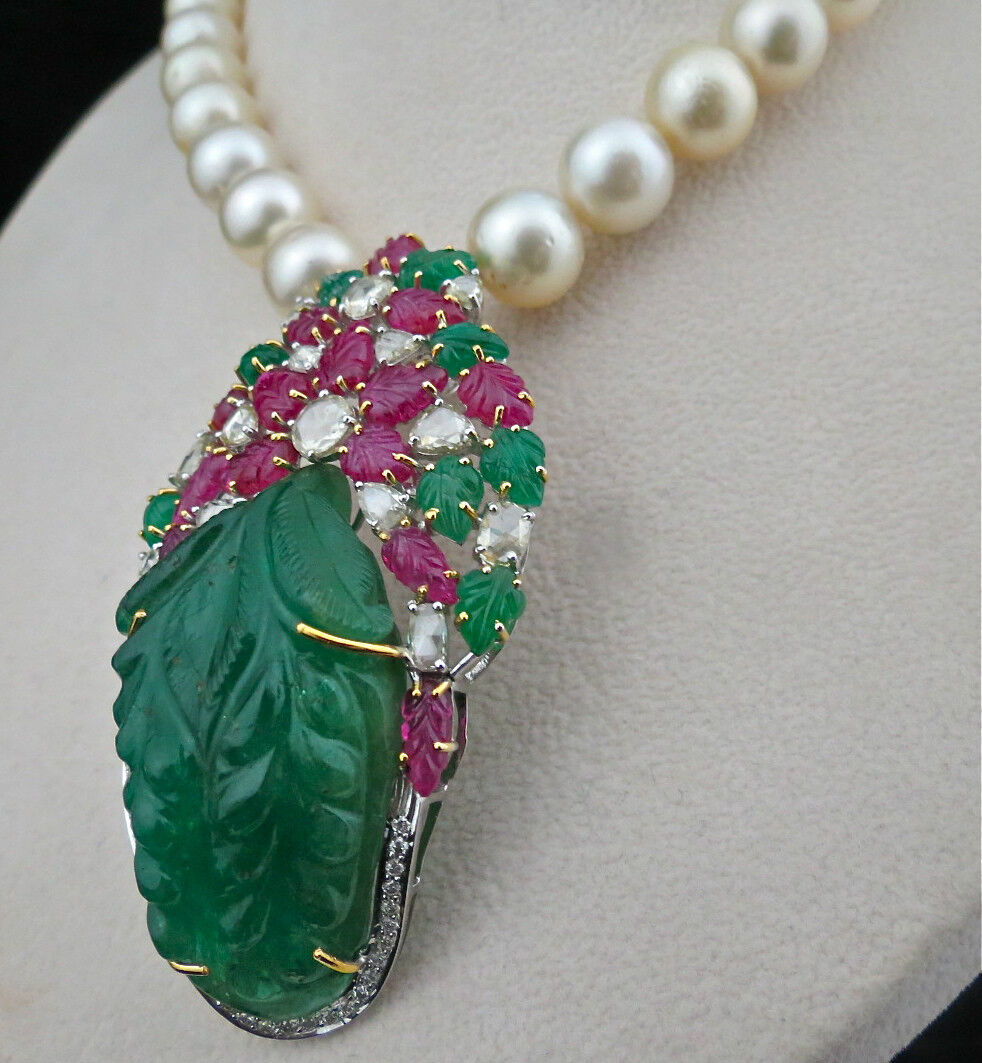 IMPORTANT VINTAGE OLD EMERALD CARVED RUBY DIAMOND PEARL 18KGOLD PENDANT NECKLACE