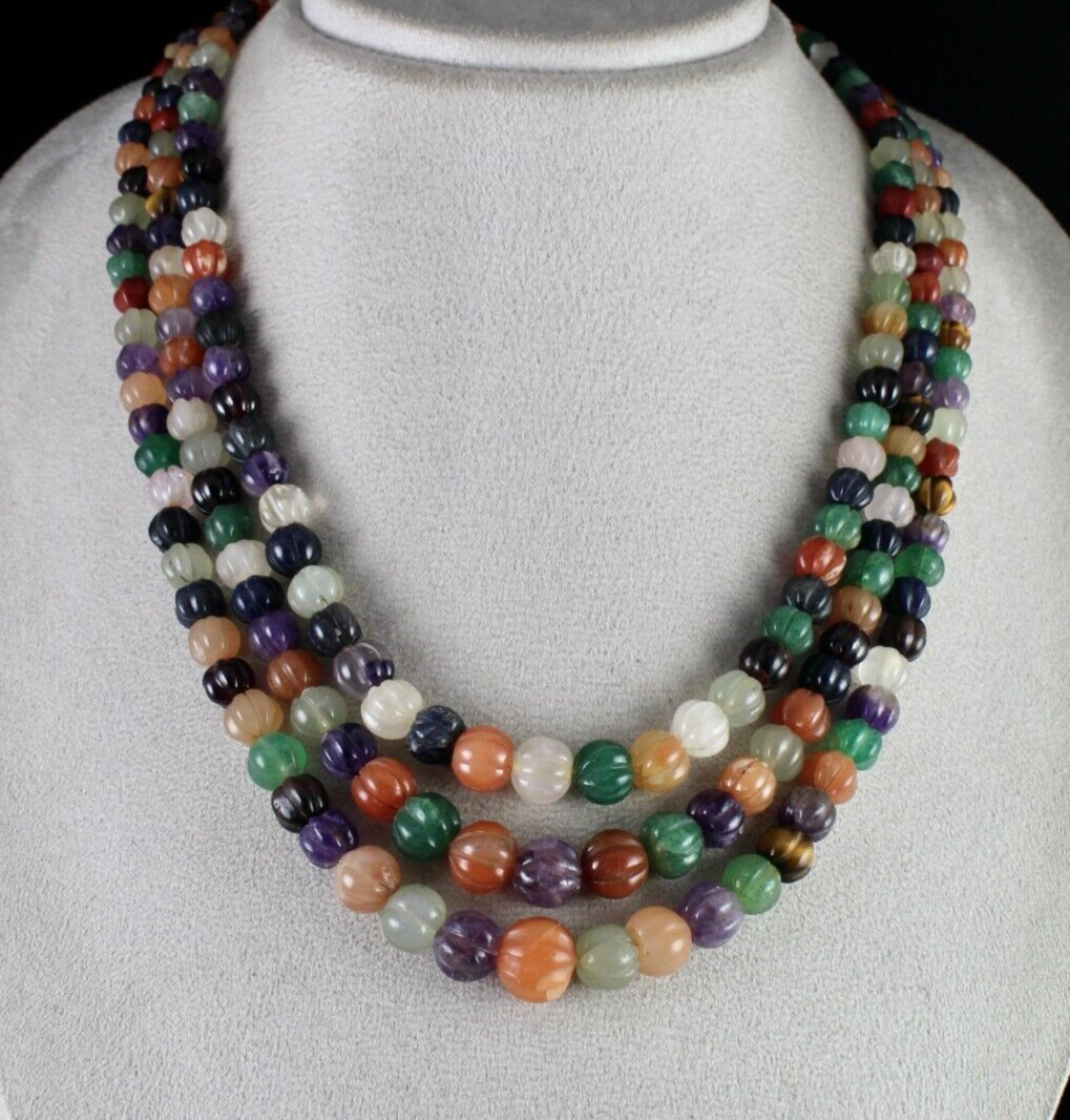 OLD MULTI NATURAL SEMI PRECIOUS CARVED MELON BEADS 3 L 688 CT GEMSTONE NECKLACE