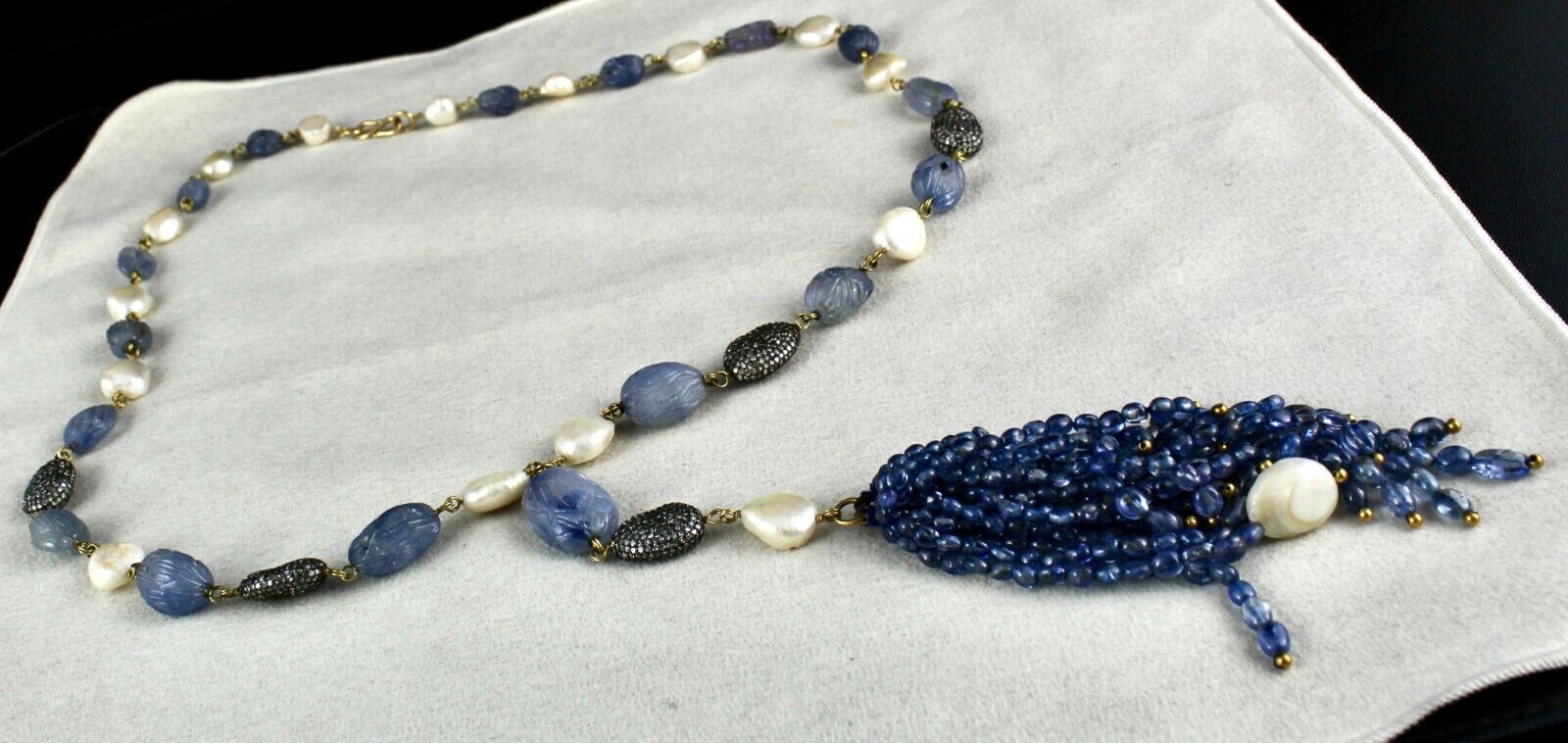 NATURAL BLUE SAPPHIRE BEADS CARVED PEARL STONE DIAMOND 14KGOLD FASHION NECKLACE