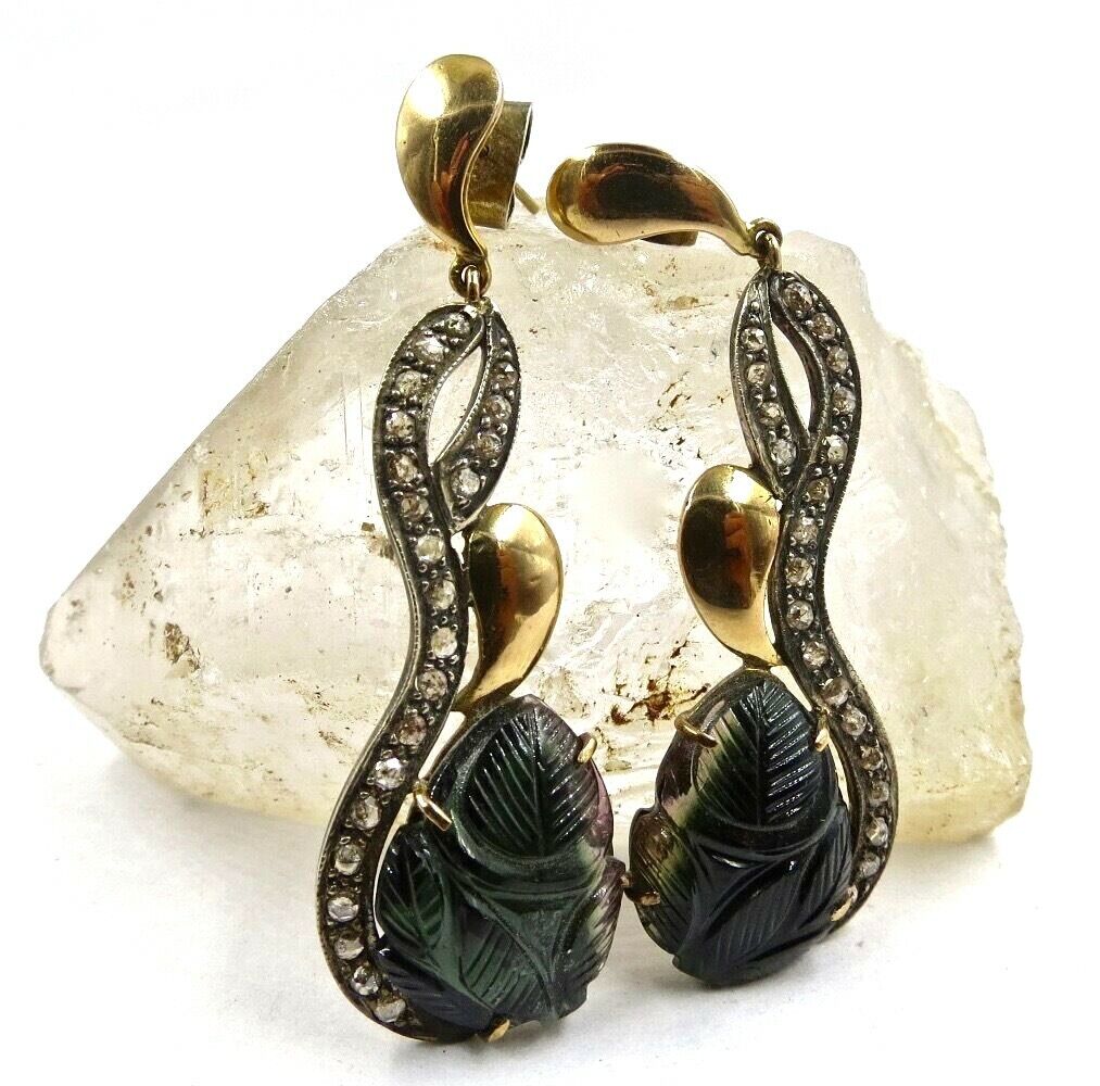 MULTI COLOR TOURMALINE CARVED LEAVES 18K GOLD DIAMOND SILVER VICTORIAN EARRING