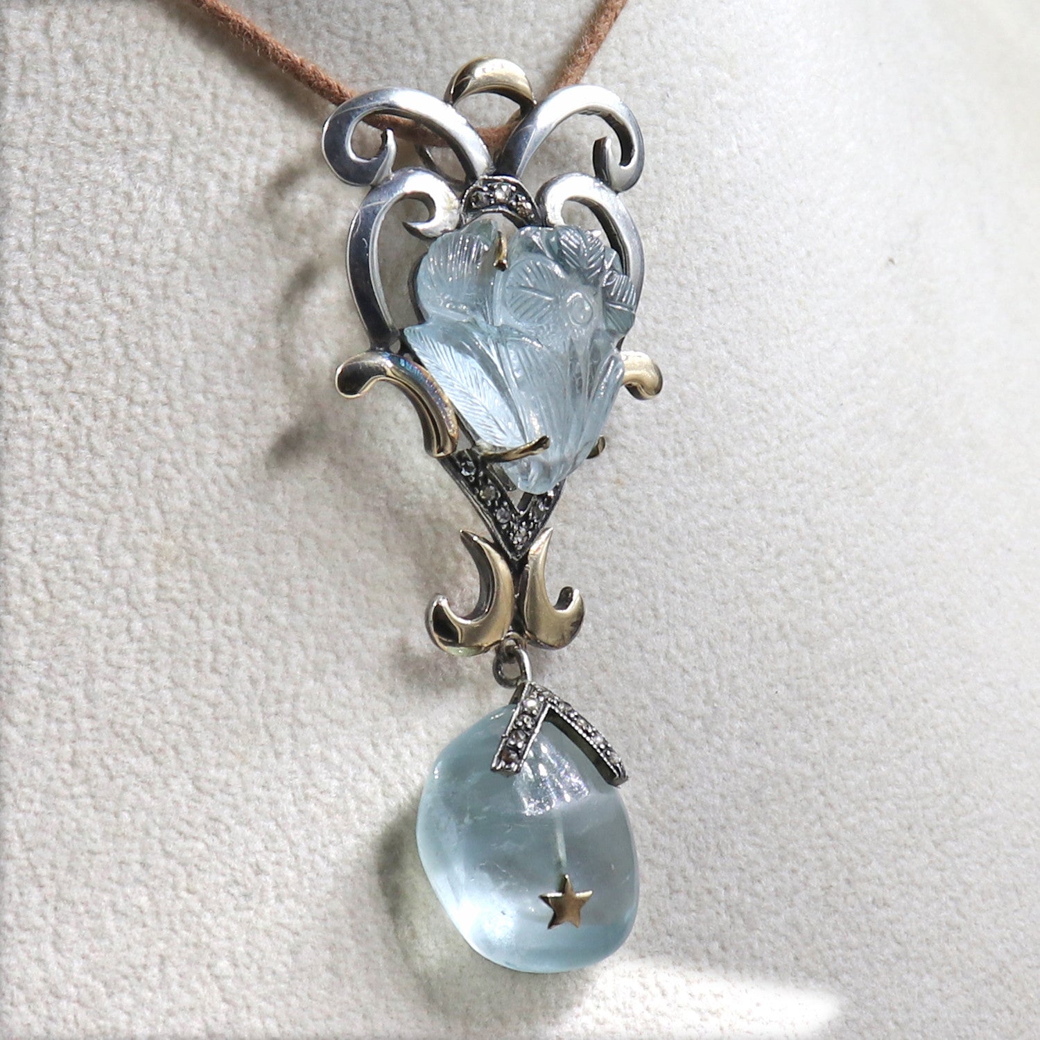 Certified Natural Blue Aquamarine 10ct Diamond Sterling Silver Victorian Pendant