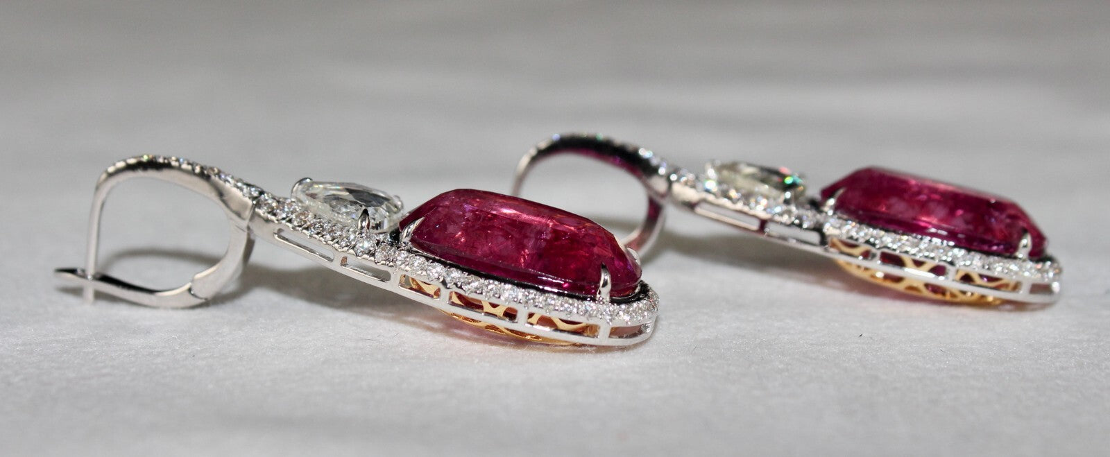 Certified Natural Rubellite Pink Tourmaline 63.9ct Diamond 18k Gold Earrings