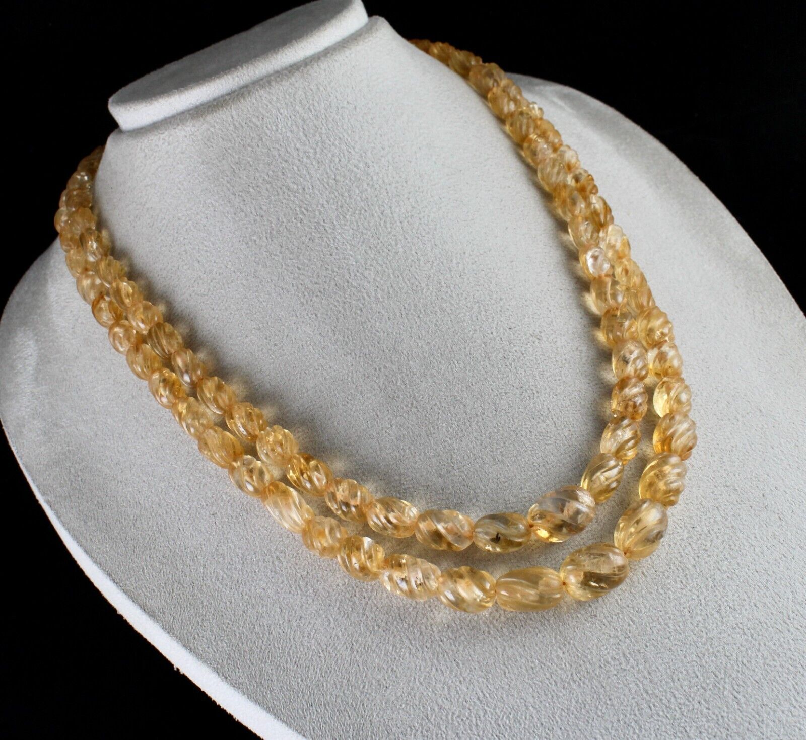 Natural Citrine Beads Carved Oval 2 L 587 Ct Yellow Gemstone Vintage Necklace