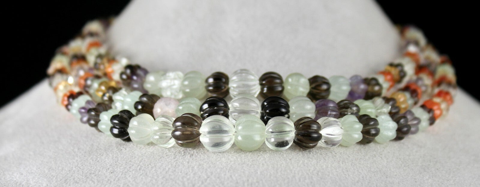 Classic Multi Natural Semi Precious 588 Ct Carved Melon Beaded Necklace 3 Line