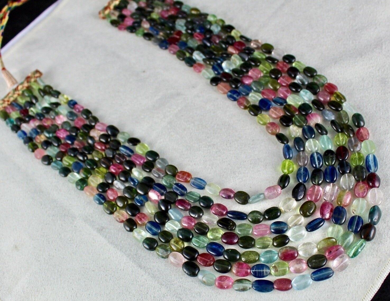 NATURAL MULTI TOURMALINE BEADS CABOCHON 7 LINE 700 CARATS GEMSTONE NECKLACE 