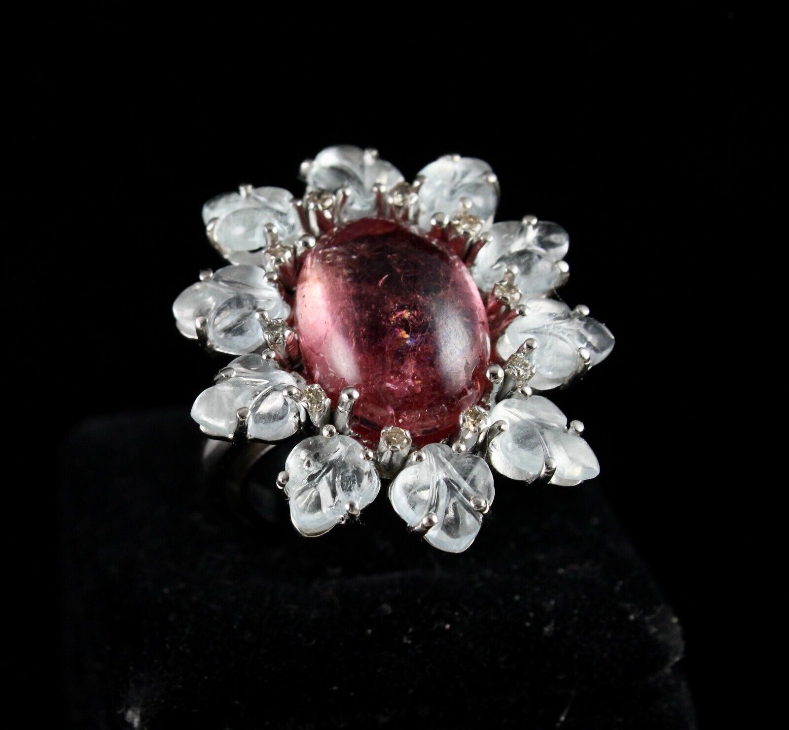 Antique Natural Pink Tourmaline Aquamarine Carved Gemstone Silver Victorian Ring