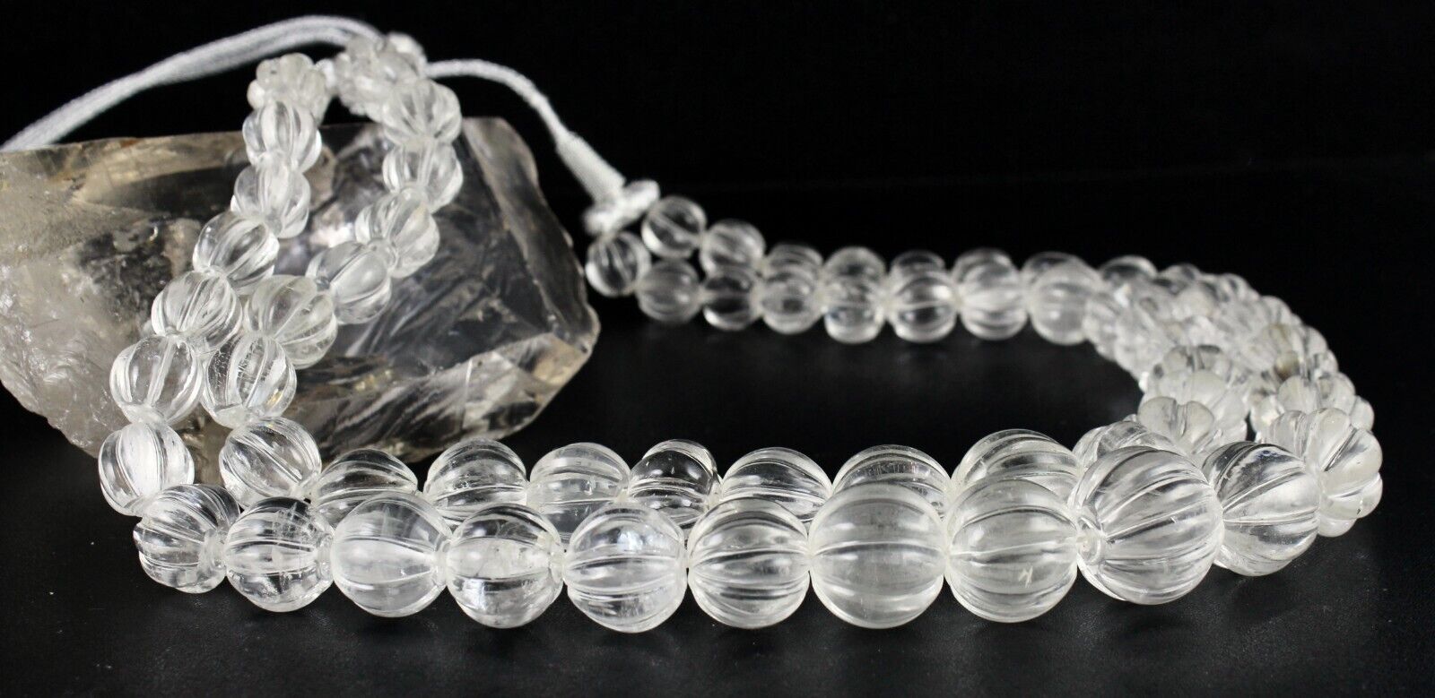 Natural Rock Crystal Quartz Carved Melon Round Beads 1407 Ct Gemstone Necklace