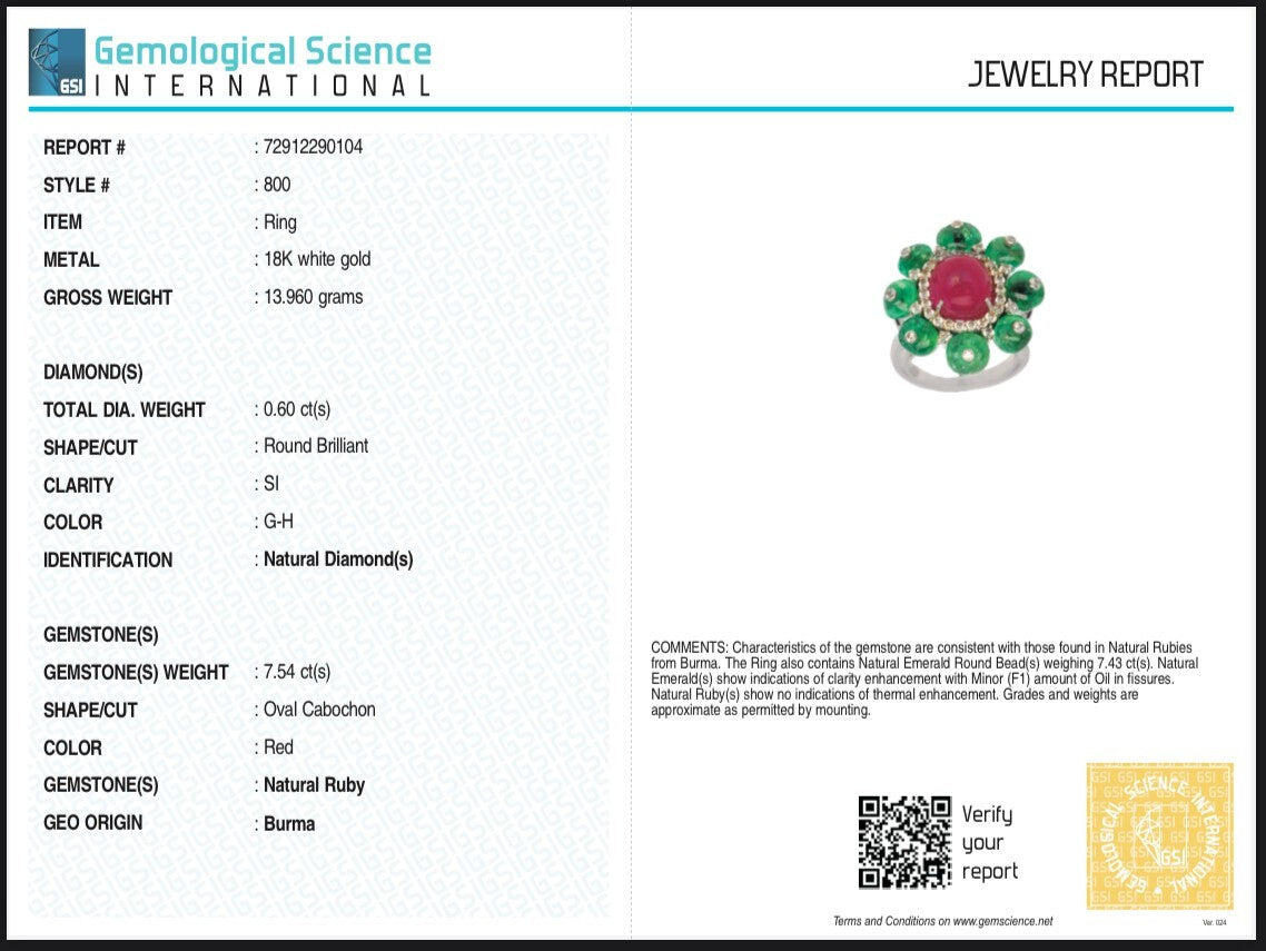 Certified Natural Burma Ruby 10ct Emerald Cabochon Natural Diamond 18k Ring
