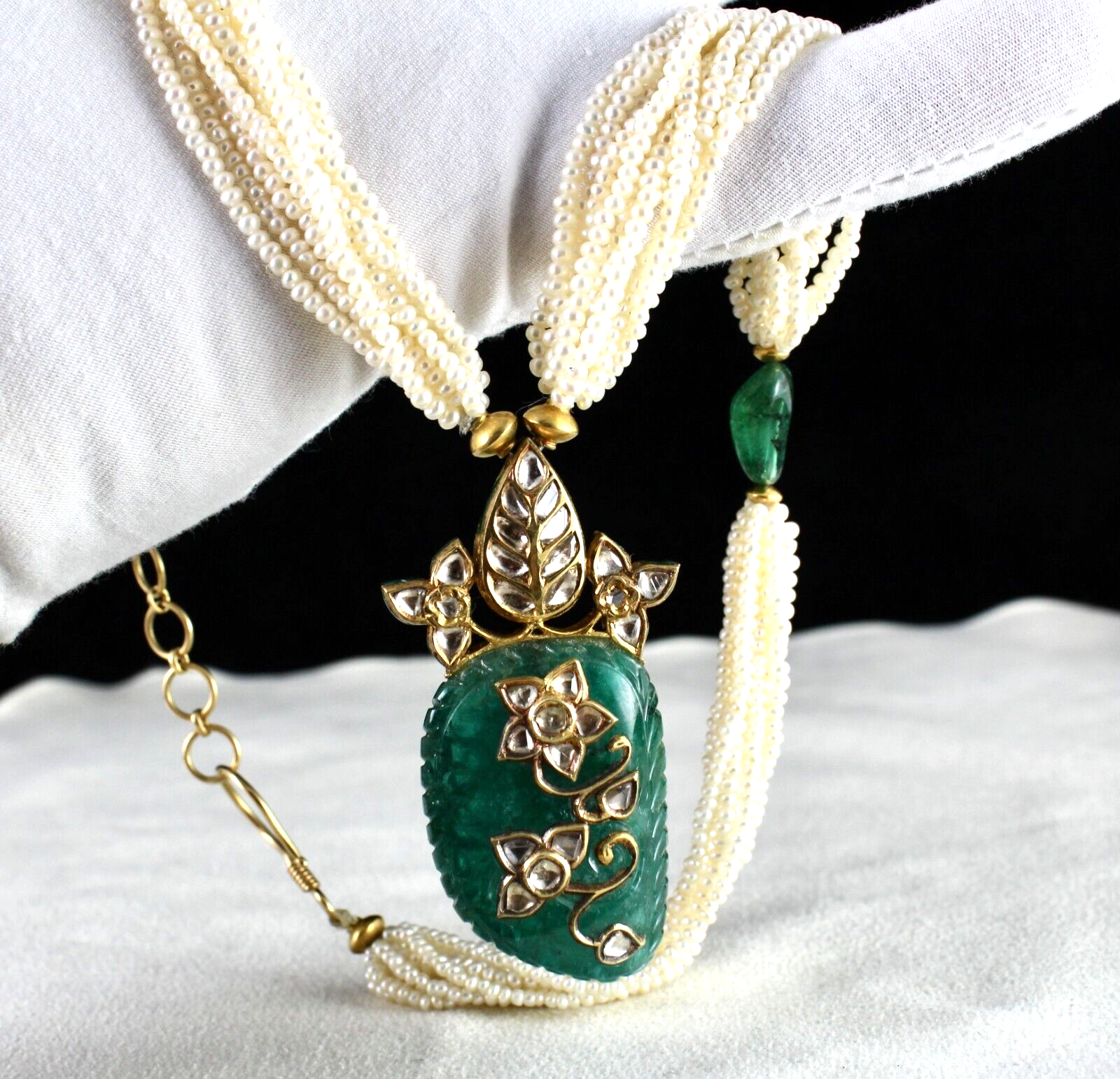 Natural Zambia Carved Emerald Diamond 18K Gold Kundan Meena Pearl Jadau Necklace