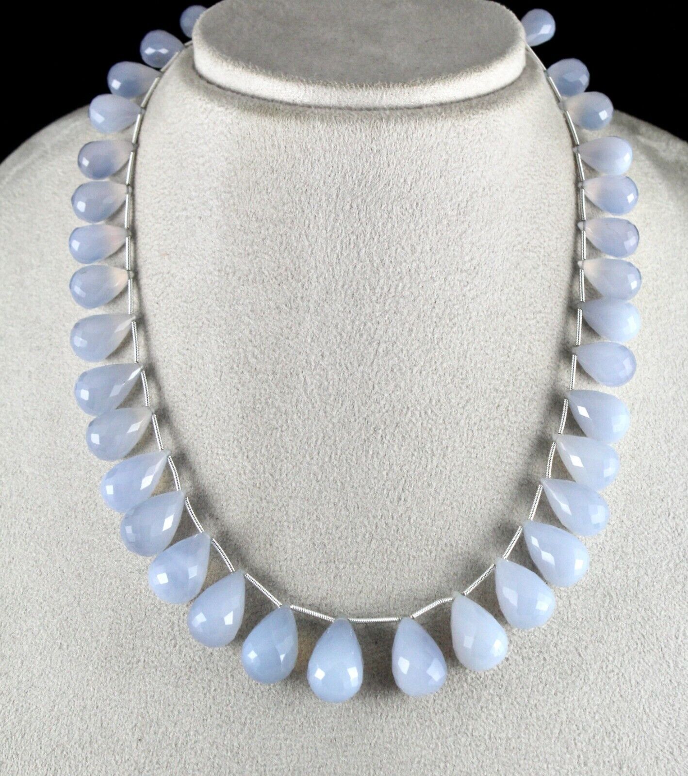 NATURAL BLUE CHALCEDONY BEADS TEARDROPS 1 LINE 438 CARATS GEMSTONE FINE NECKLACE