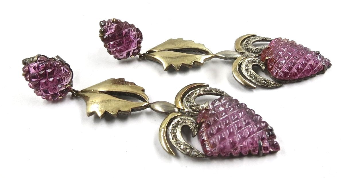 Certified Natural Pink Tourmaline 10ct Carved Diamond Sterling Silver Earrings