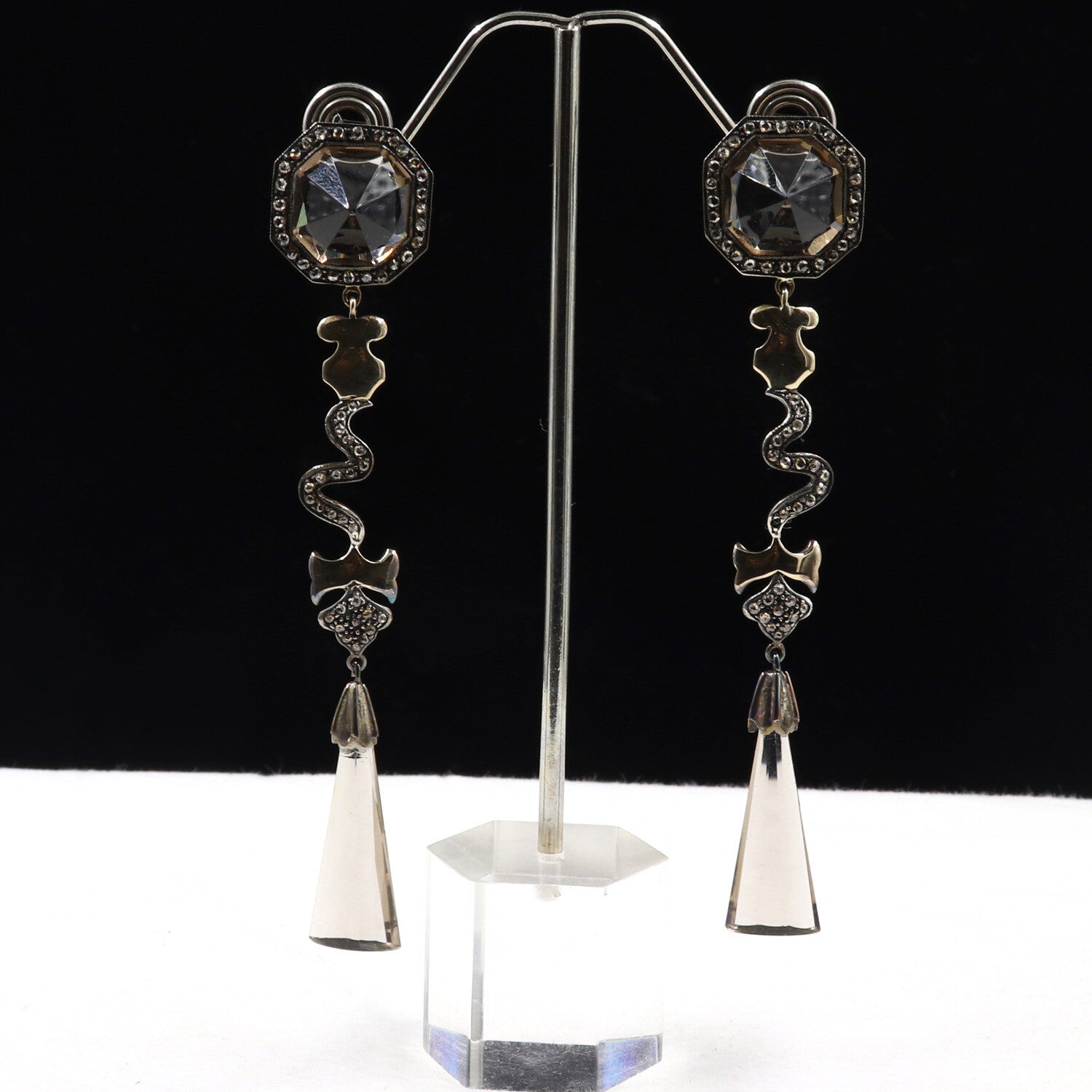 Victorian 18k Gold Smoky Quartz 84.35ct Natural Diamond Sterling Silver Earrings