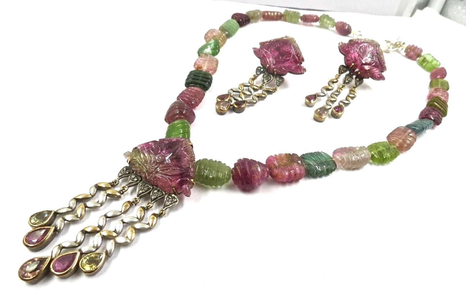 Certified Multi Colour Tourmaline 10ct Natural Diamond 18k Sterling Silver Set