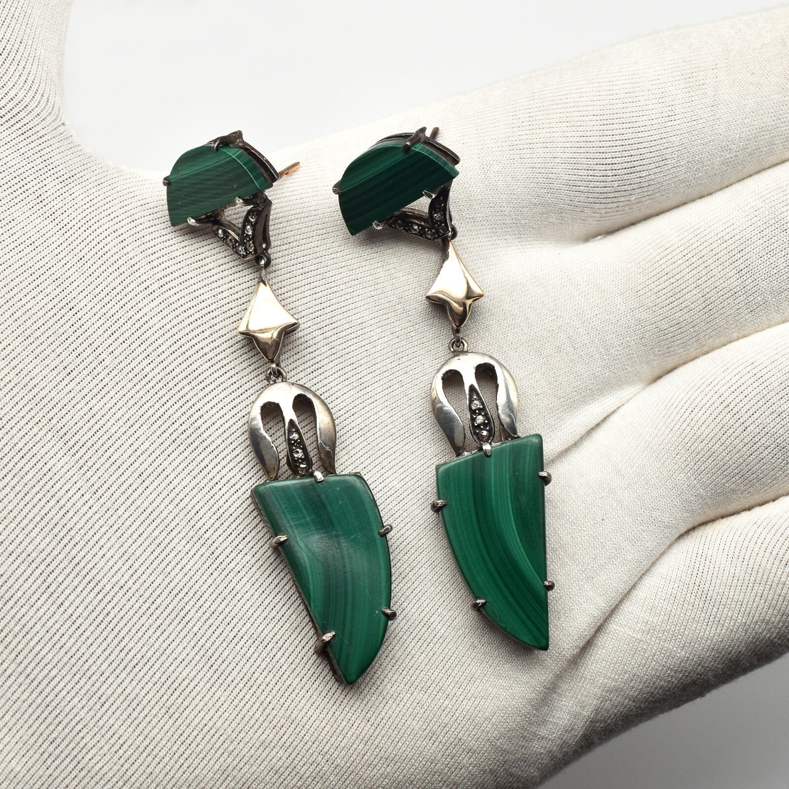 Vintage Natural Green Malachite Diamond 10ct Victorian Sterling Silver Earrings