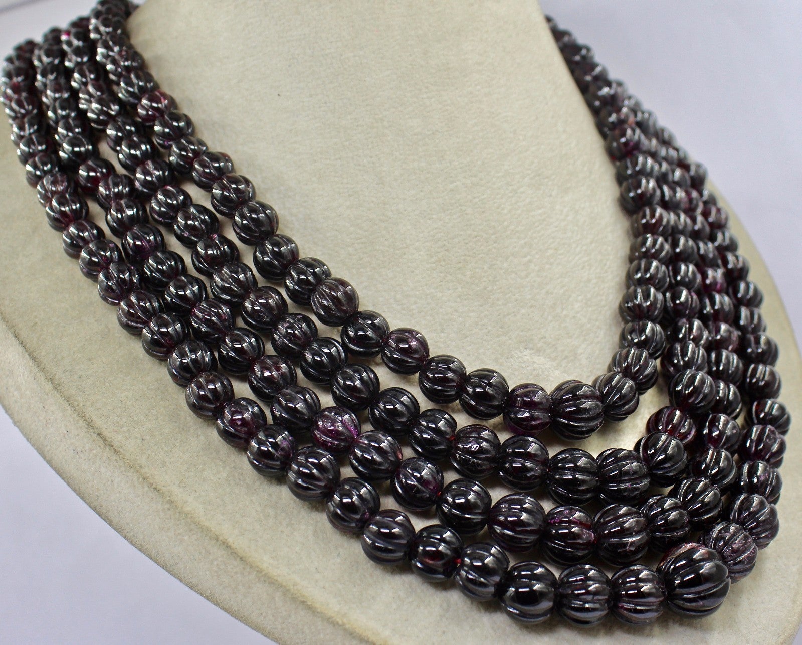 Natural Garnet 2392 Ct Carved Melon Beads Necklace Sterling Silver Hook