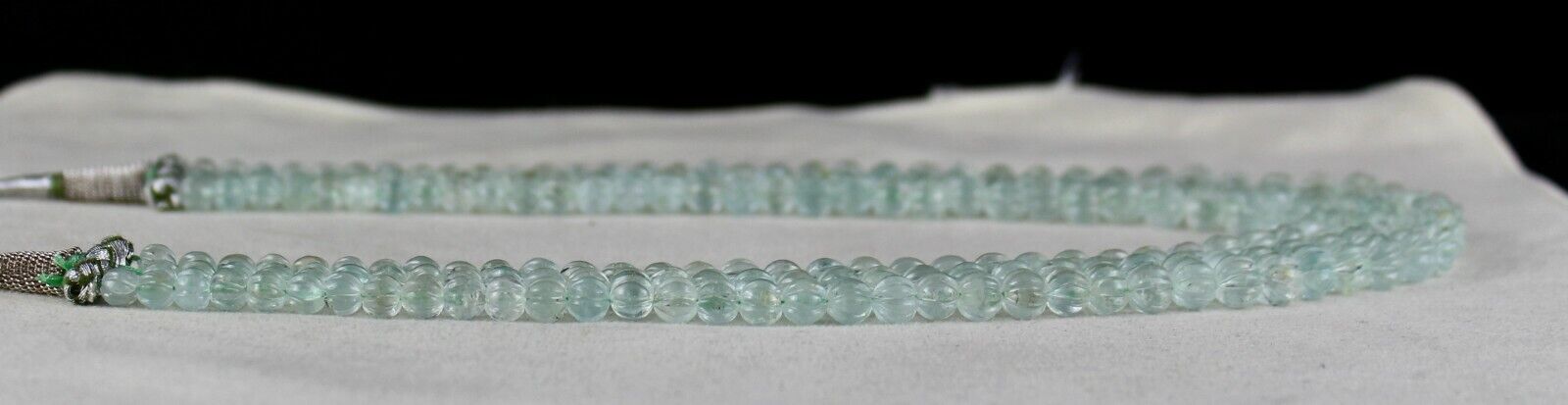 NATURAL BLUE AQUAMARINE CARVED MELON ROUND BEADS 3L 395 CTS GEMSTONE NECKLACE