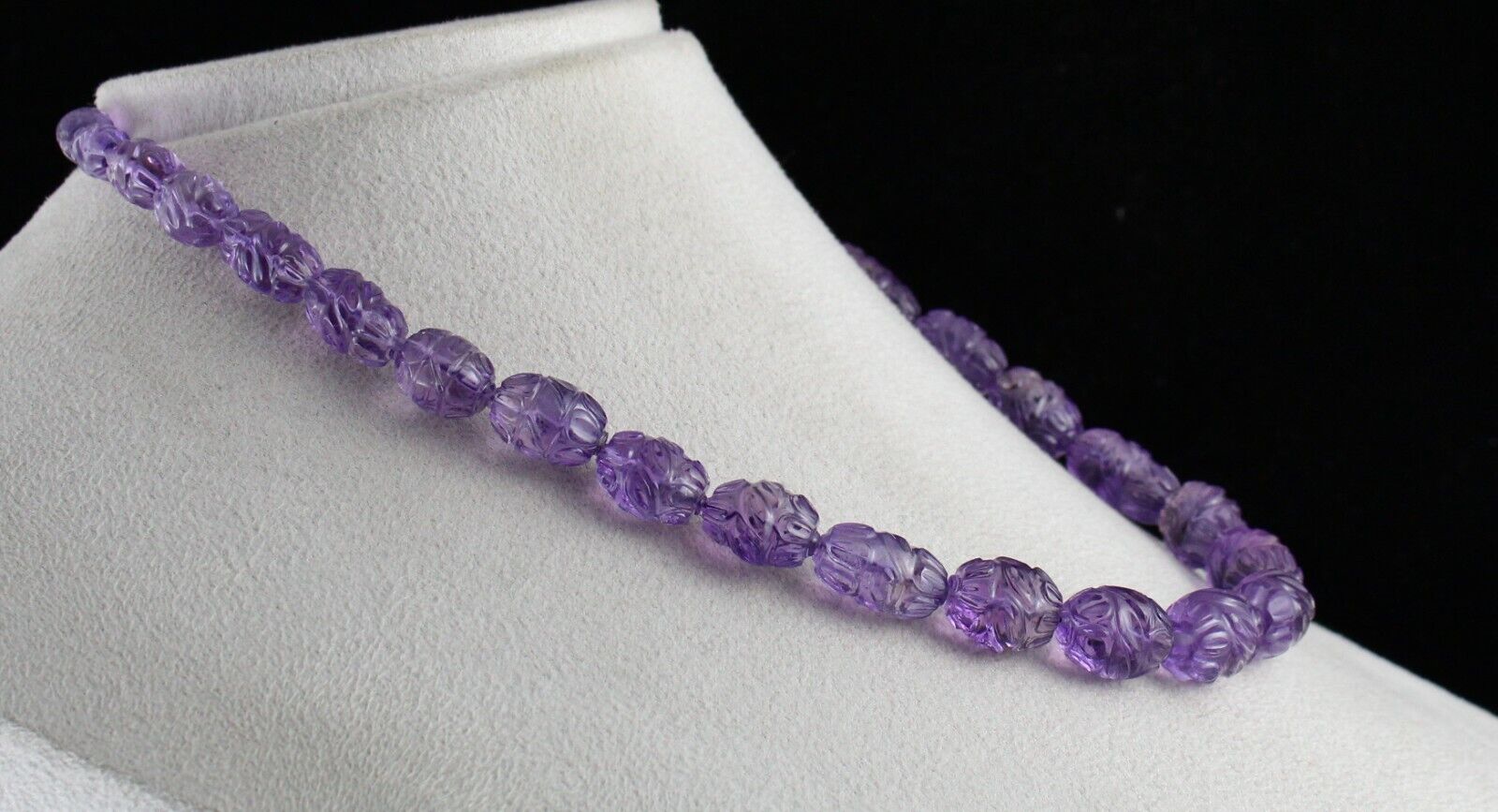 ANTIQUE NATURAL AMETHYST BEADS CARVED LONG 332 CARATS GEMSTONE SILVER NECKLACE