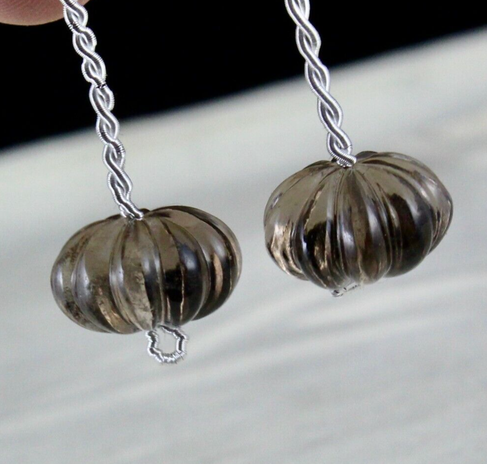 Natural Black Smoky Quartz 37ct Carved Melon Beads Gemstone For Design