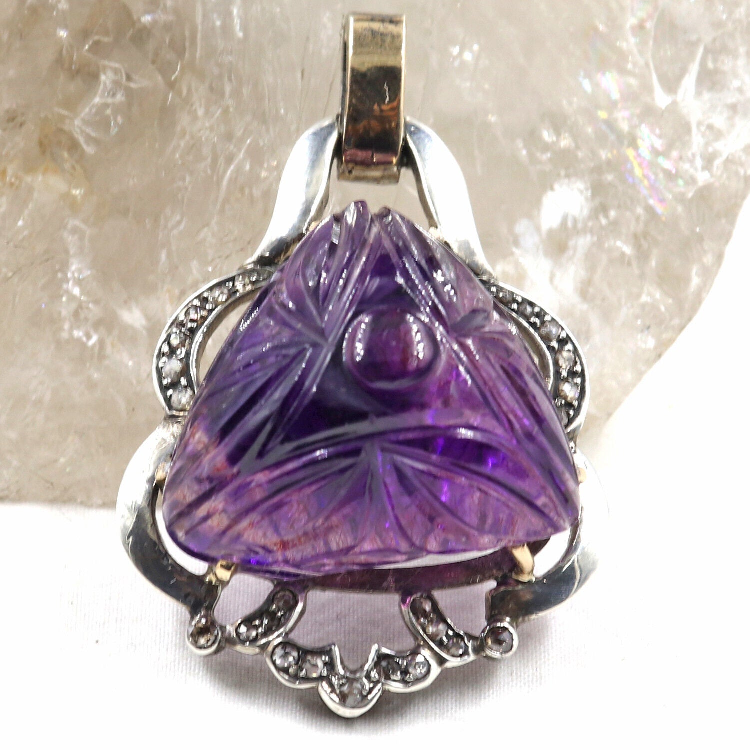 ANTIQUE NATURAL AMETHYST CARVED DIAMOND VICTORIAN PENDANT IN 925 SILVER & GOLD