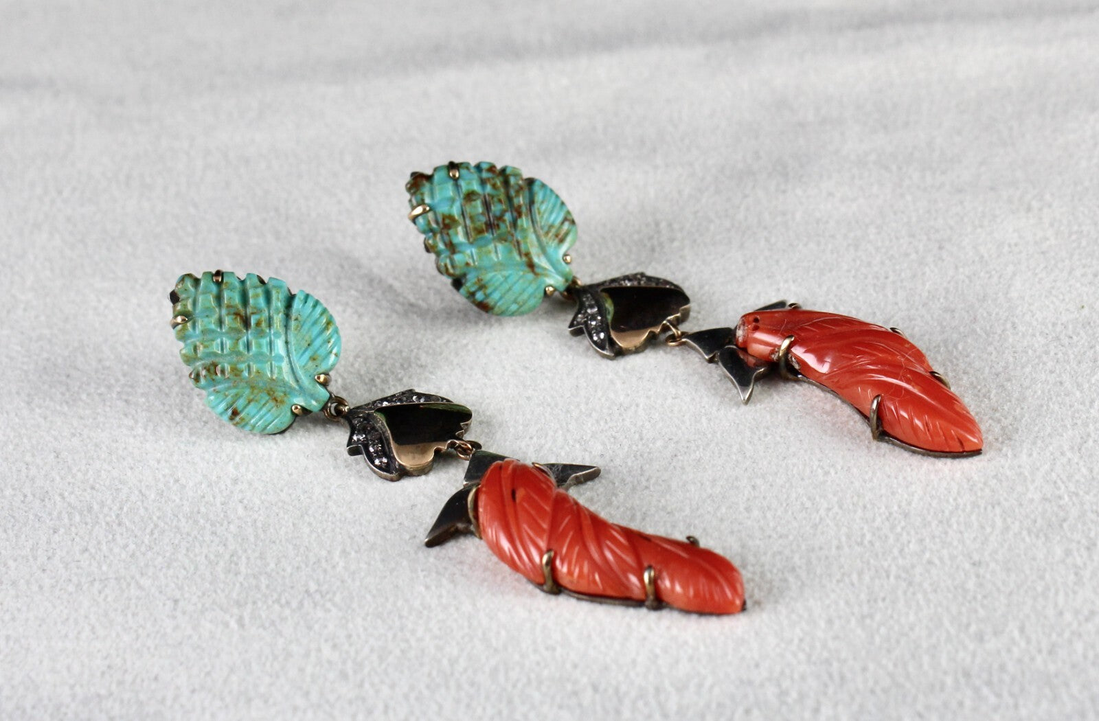 Certified Natural Turquoise 10ct Coral 18k Sterling Silver Victorian Earrings