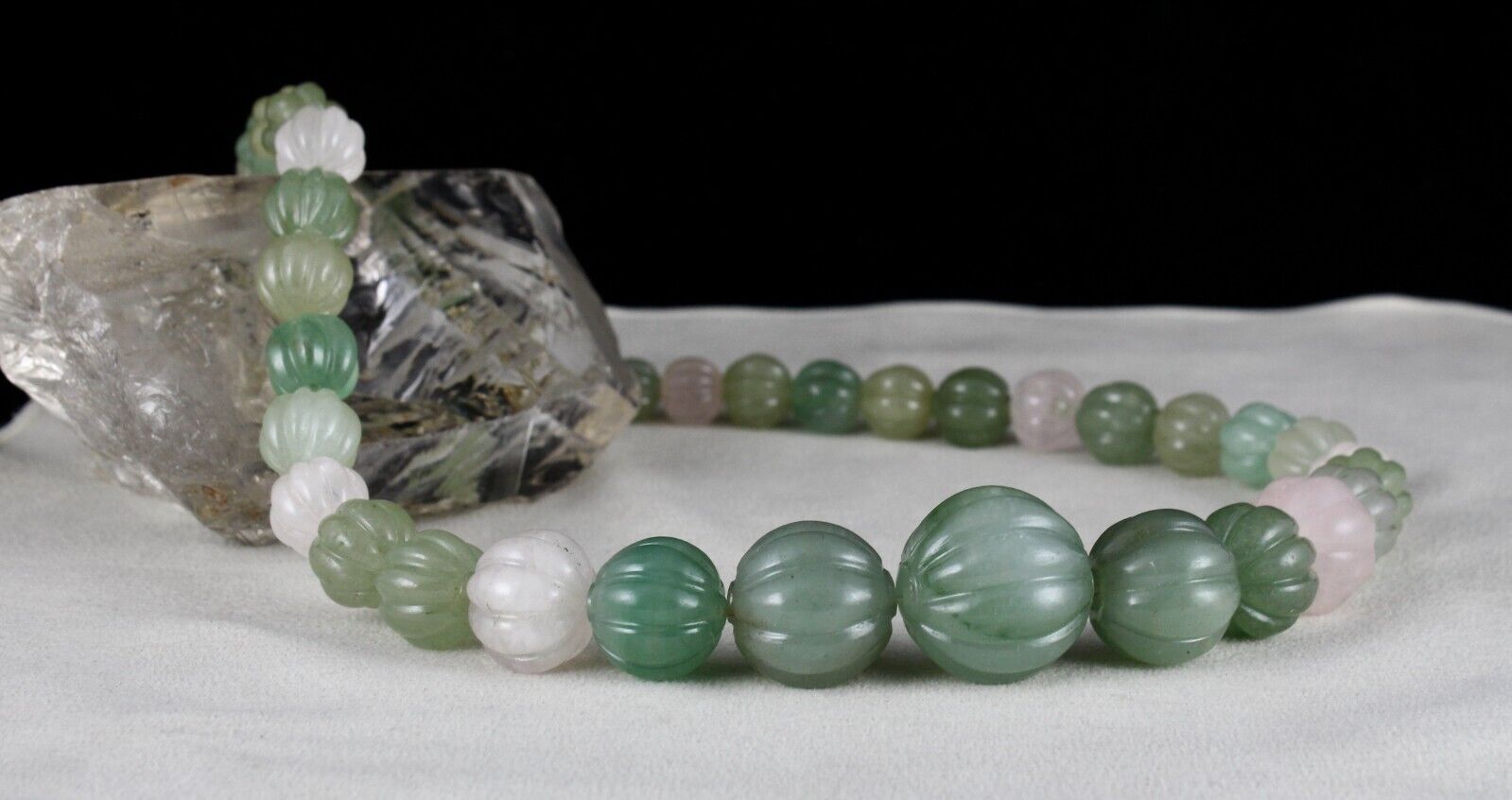 NATURAL INDIAN JADE ROSE QUARTZ MELON CARVED BEADS 854 CTS STONE SILVER NECKLACE