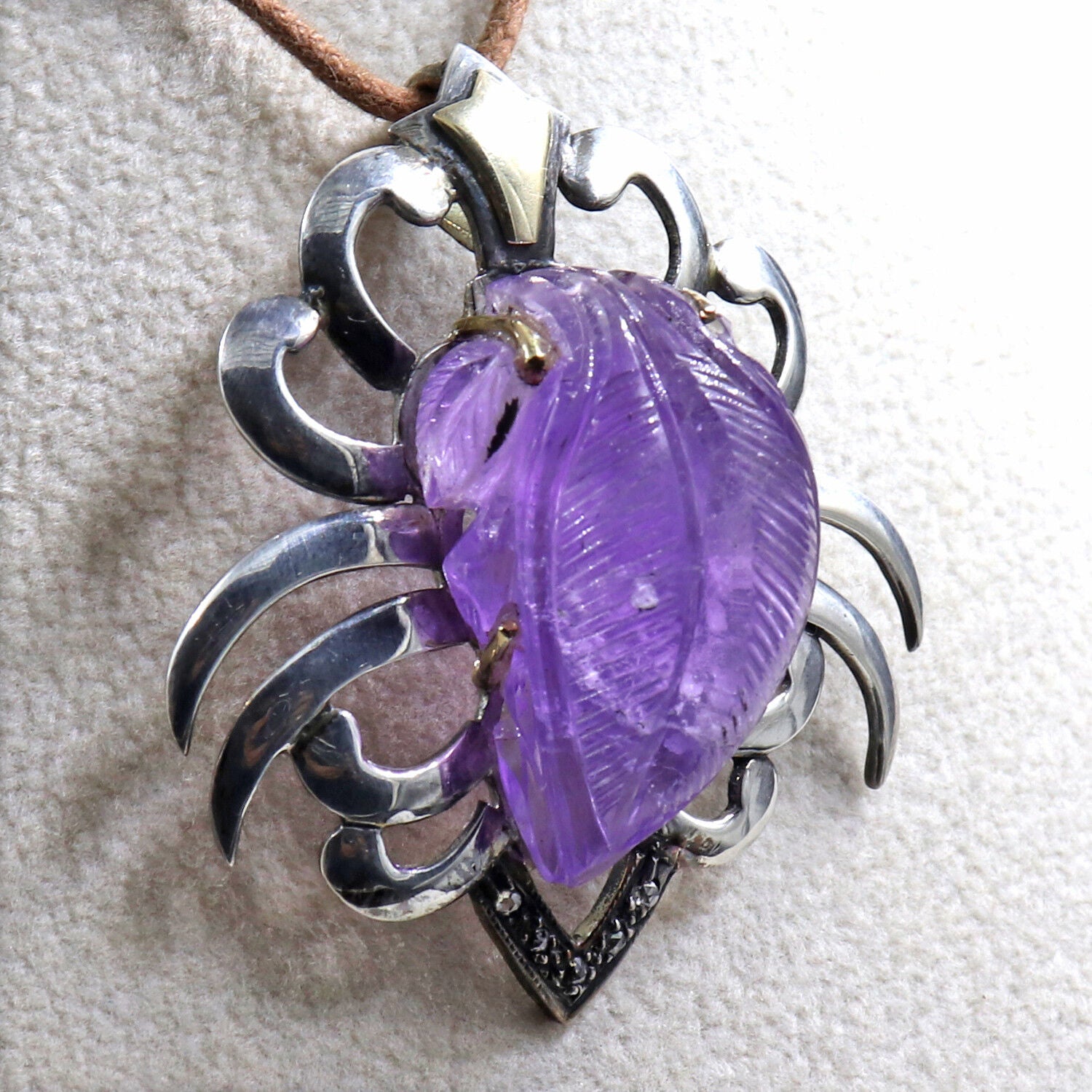 ANTIQUE NATURAL AMETHYST CARVED DIAMOND VICTORIAN PENDANT IN 925 SILVER & GOLD