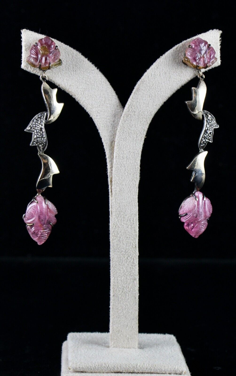 NAURAL PINK TOURMALINE CARVED DIAMOND 18K GOLD  925 SILVER VICTORIAN EARRING