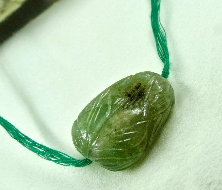 Antique 42.50 Ct Natural Emerald Bead Engraved Tumble Drill Gemstone Design