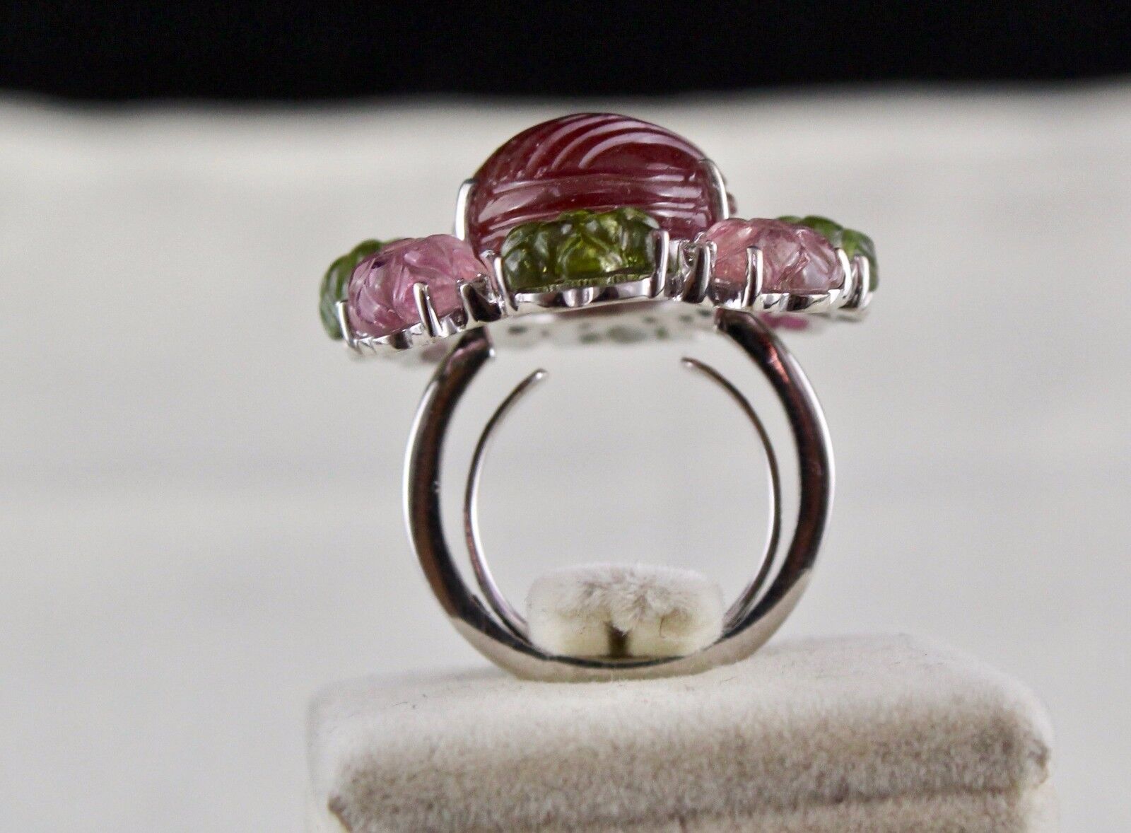 Exclusive Natural Multi Tourmaline Carved Gemstone Diamond Silver Statement Ring