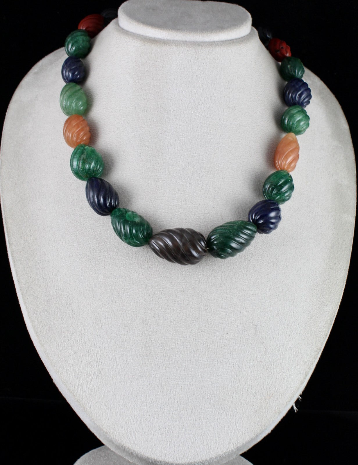 Natural Semi Precious Carved Melon Beads 942 Ct Sterling Silver Necklace