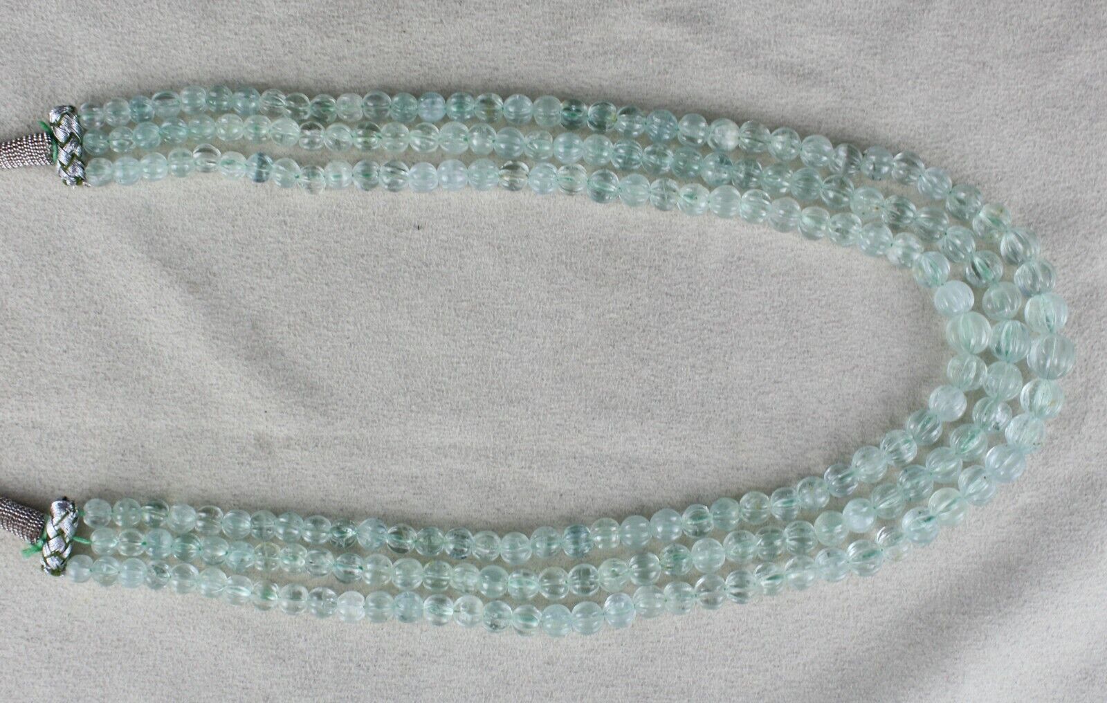 NATURAL BLUE AQUAMARINE CARVED MELON ROUND BEADS 3L 395 CTS GEMSTONE NECKLACE