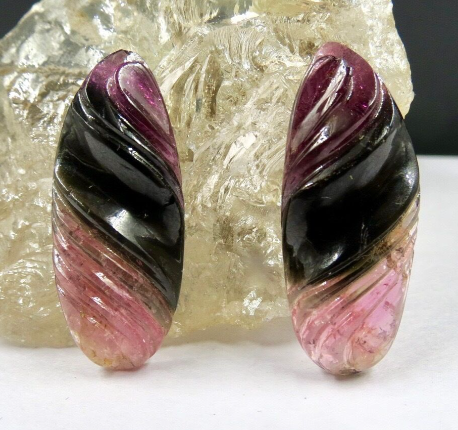 Certified Natural Multi Watermelon Tourmaline 40ct Carved 32x14mm Earring Pair