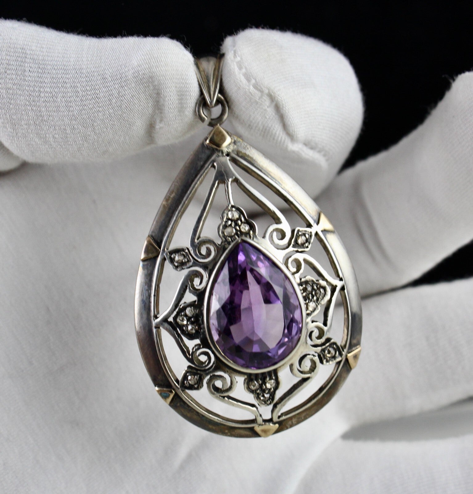 Antique Natural Amethyst 10ct Diamond Victorian Pendant Sterling Silver Gold