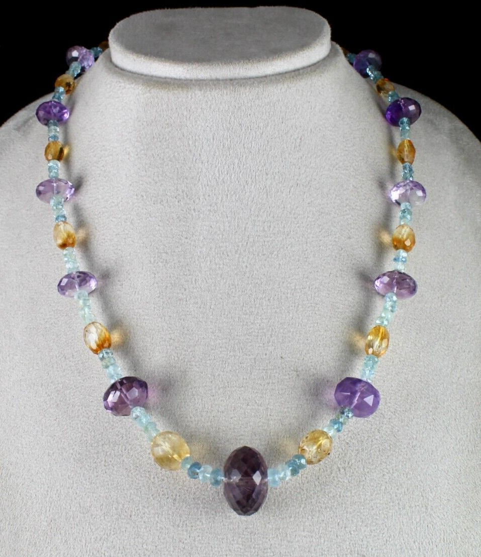 Natural Aquamarine 311 Ct Citrine Amethyst Beaded Designer Gemstone Necklace