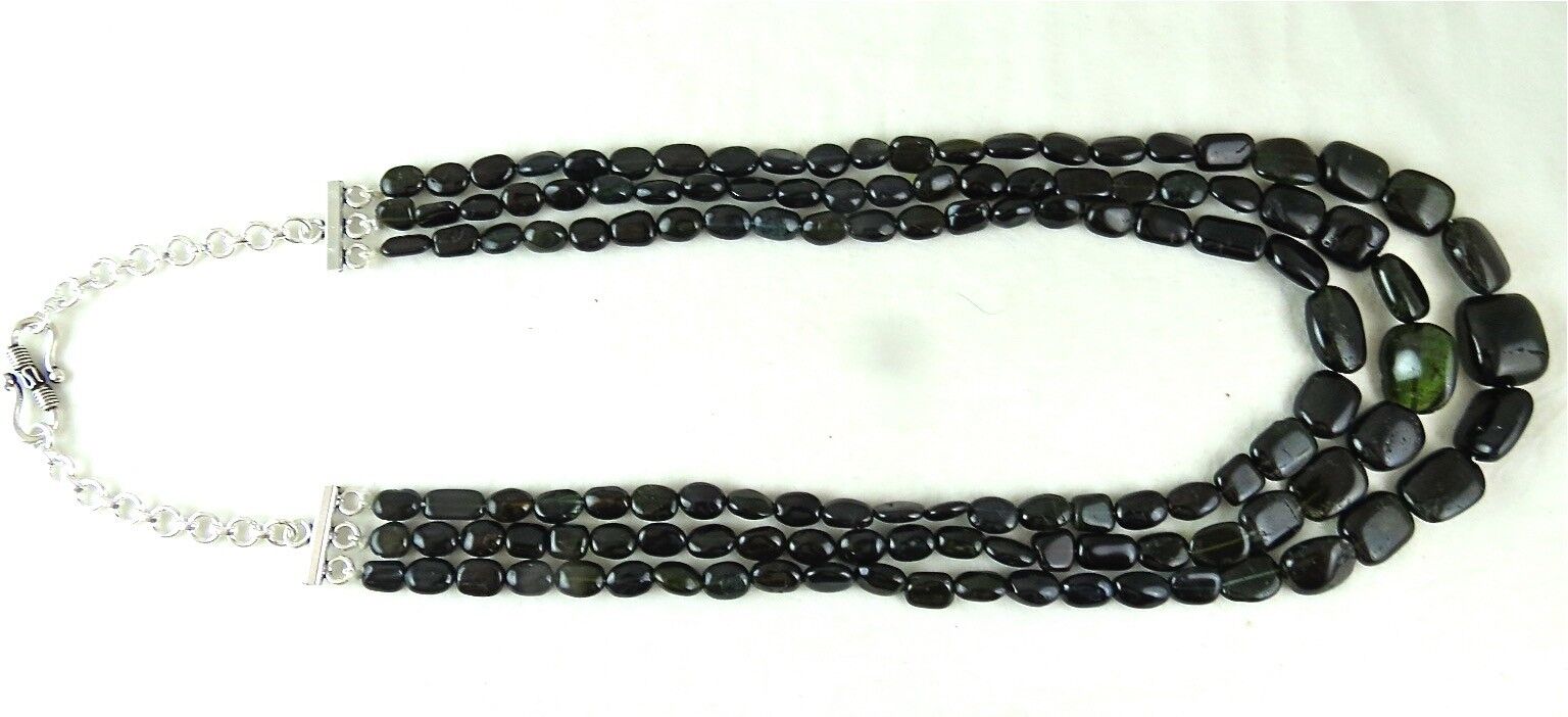 Natural Black Tourmaline Beads Cabochon 3 L 700 Ct Big Gemstone Silver Necklace