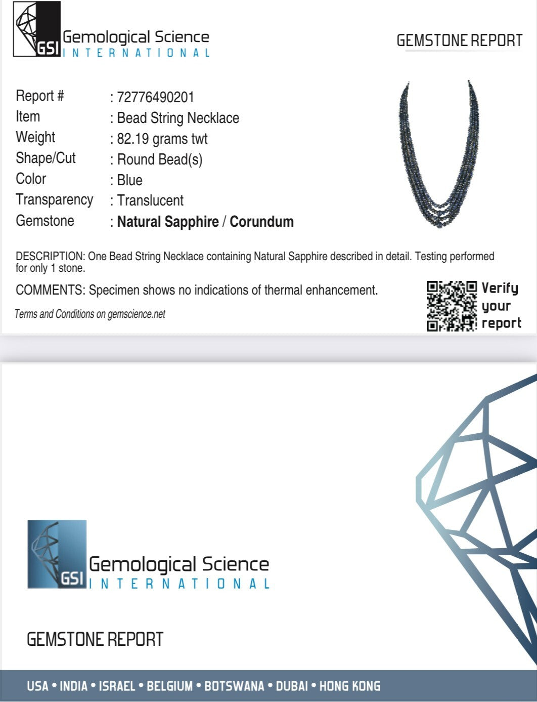 Certified Natural Blue Sapphire Round Beads 382 Ct Sterling Silver Necklace