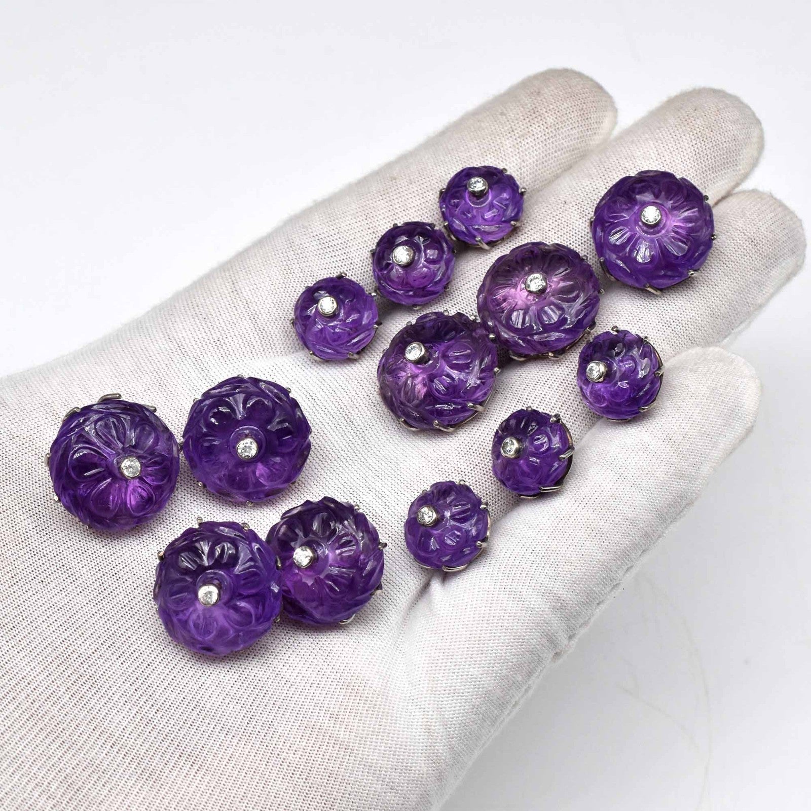 Natural Amethyst Engraved Moissanite 13Pc Silver Men Accessories Sherwani Button