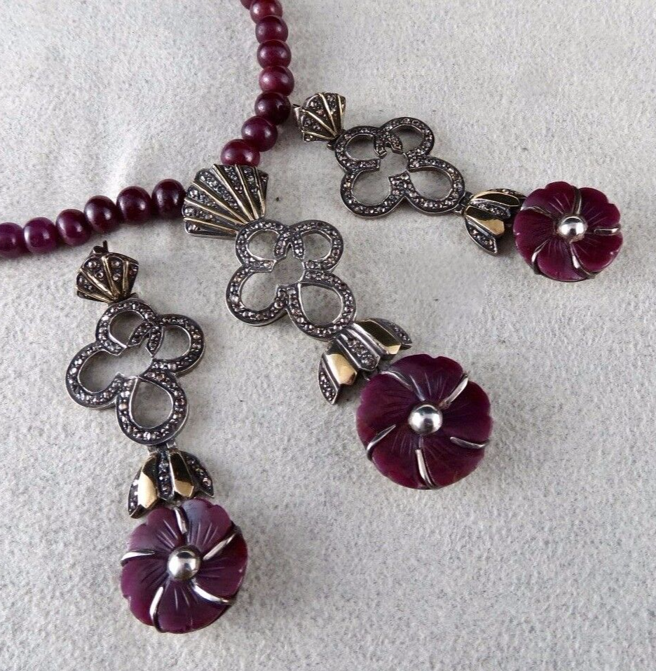 Certified Vintage Ruby 10ct Natural Diamond Sterling Silver Pendant Earring Set