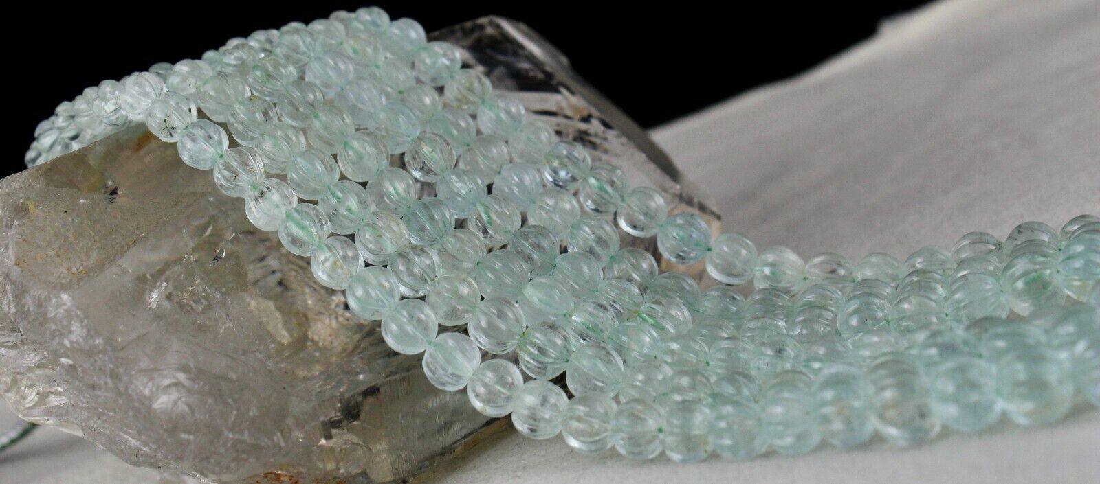 NATURAL BLUE AQUAMARINE CARVED MELON ROUND BEADS 3L 395 CTS GEMSTONE NECKLACE