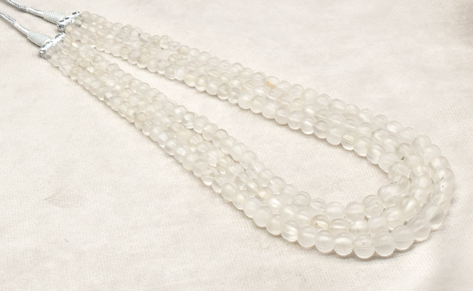 Natural Rock Crystal Quartz 626 Ct Carved Melon Frost Beads Necklace