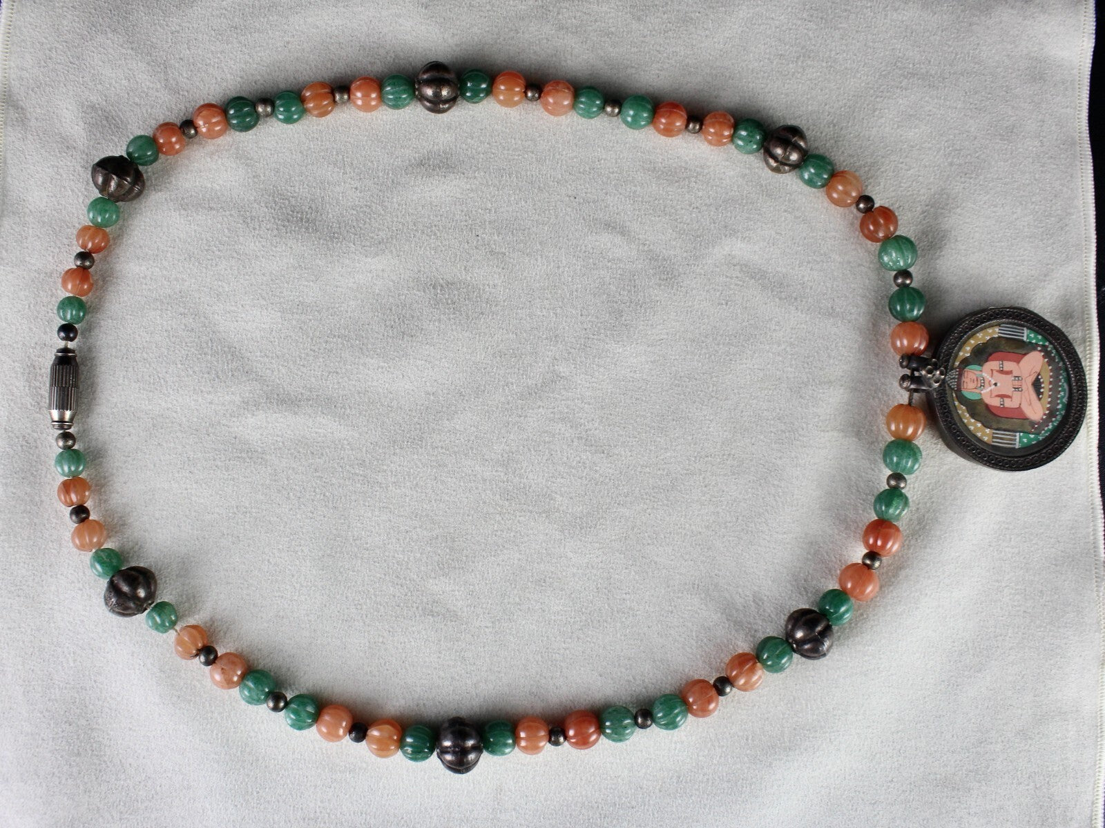 Sterling Silver Old Budha Painting Pendant Green Orange Quartz 410ct Necklace