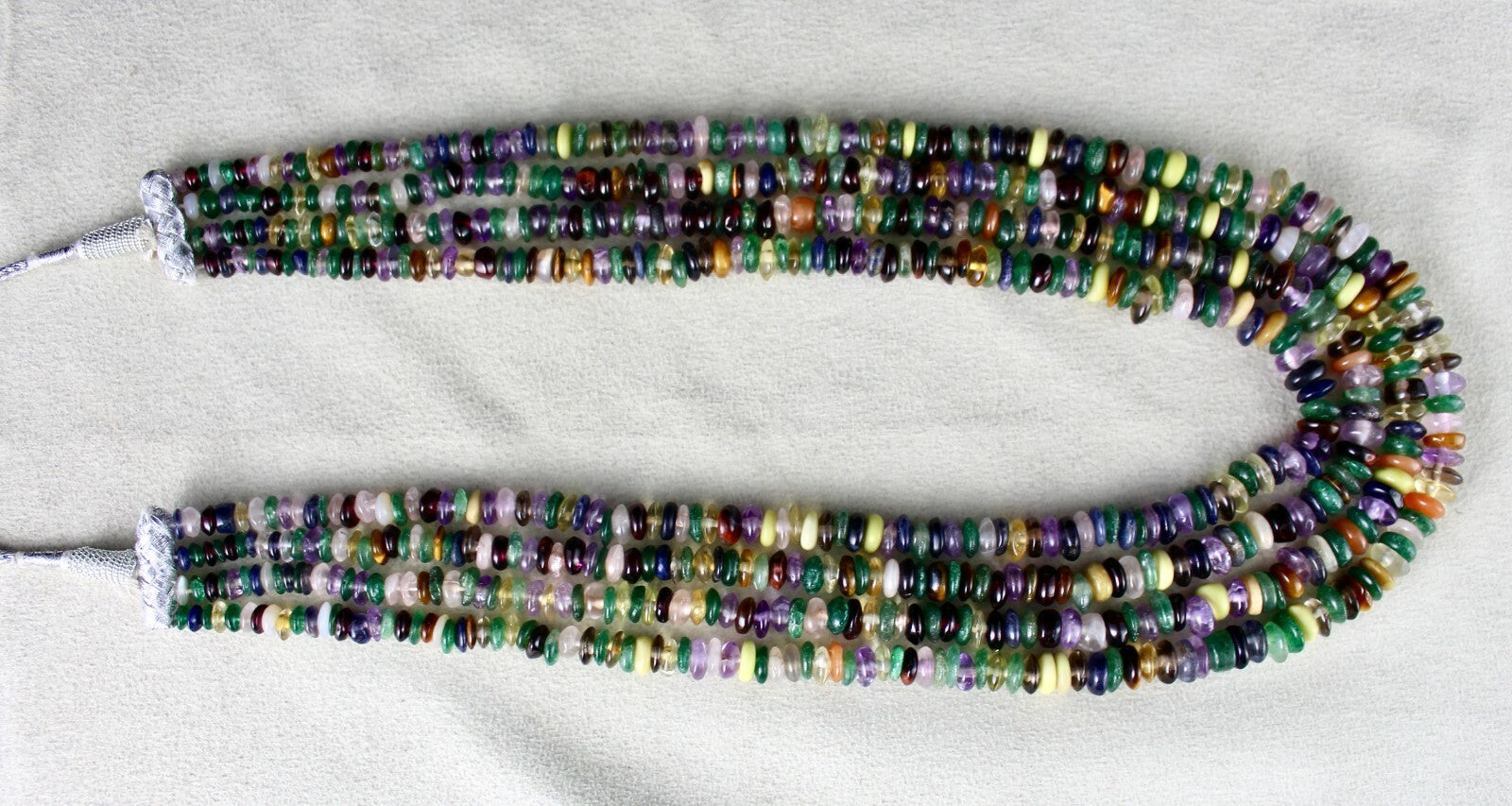 Old Multi Natural Semi Precious 660 Ct Beads Button Gemstone Necklace 4 Line